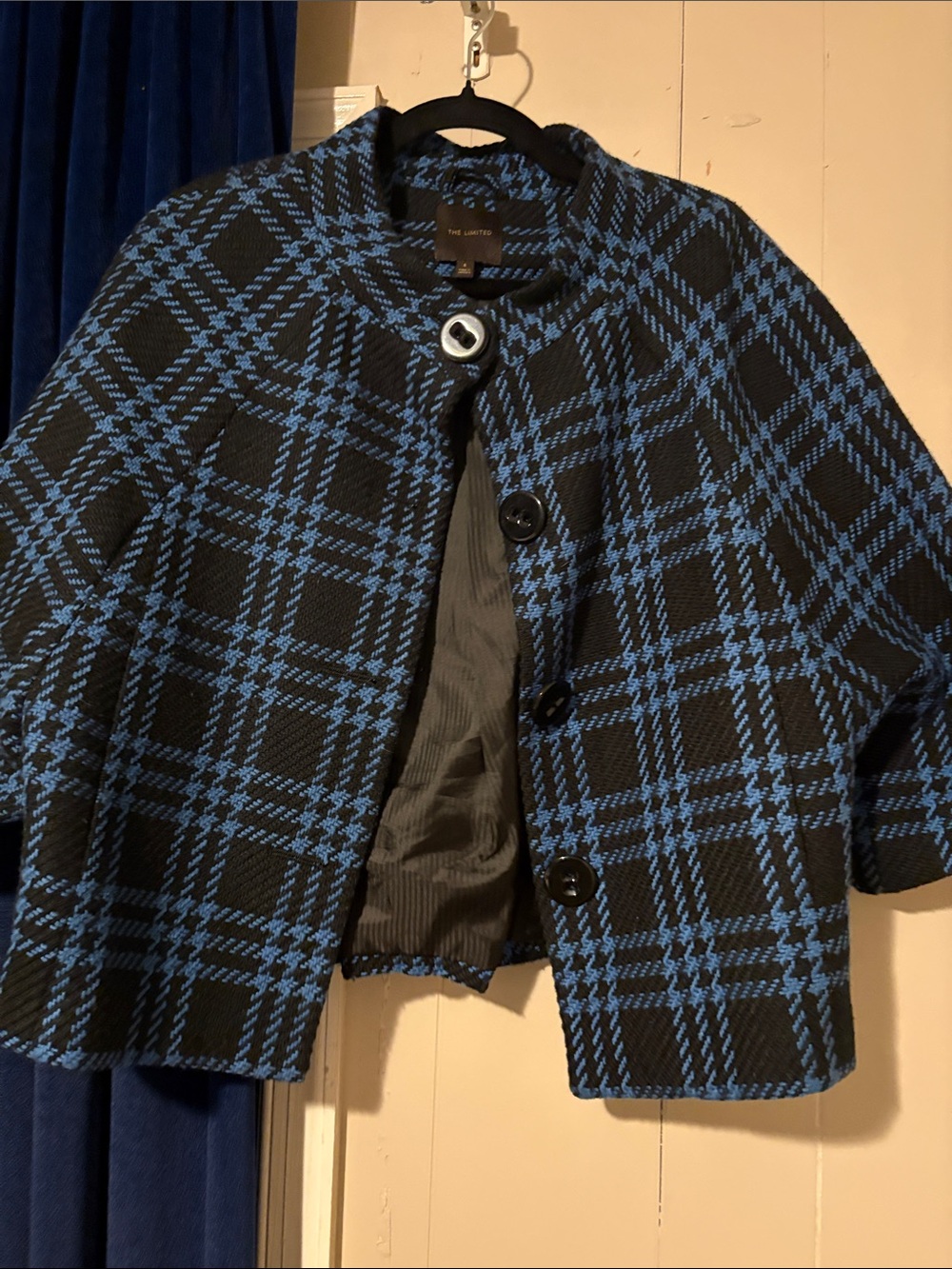 The Limited Black and Blue Plaid Cropped Cape Jacket